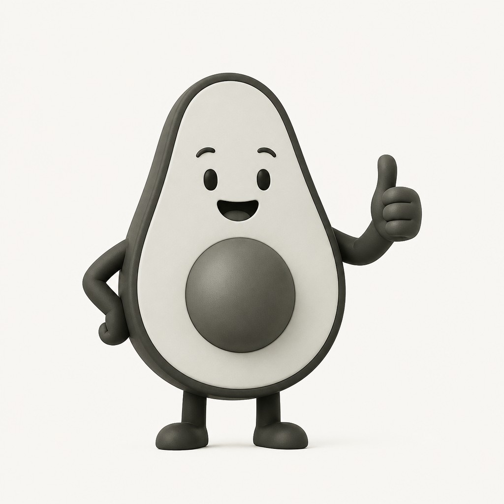 a happy avocado character giving a thumbs up, bold readable design on a plain background, no text