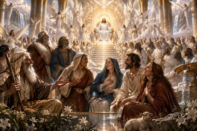 the saints in heaven around the throne of God with the angels of heaven - and among the saints are Abraham, Moses, Daniel the prophet, Martha, Mary, and Lazarus and  Mary of Magdala
