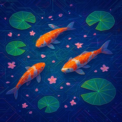 A koi pond seen from above, orange and white koi fish swimming among lily pads, clear water with subtle ripples, fallen cherry blossom petals floating on the surface, dappled sunlight