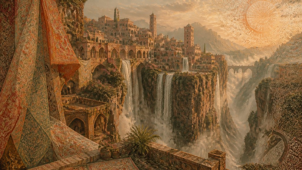 a cliffside city with waterfalls cascading into a misty canyon, wide establishing shot, no people, no text