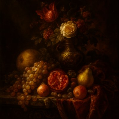 still life arrangement of fruits and flowers