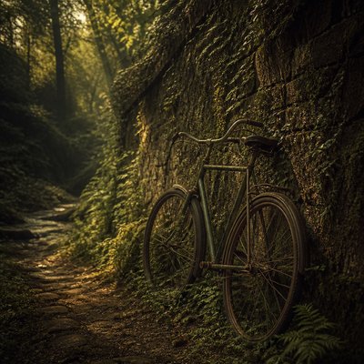 bicyle resting against a wall