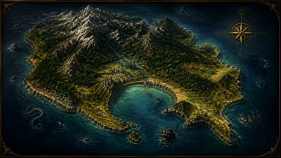 a map of an island realm with mountains, forests, a sheltered bay, sea monsters in the water and a compass rose, no text labels