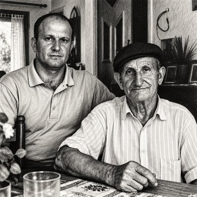 a black and white photo of two men sitting at a table