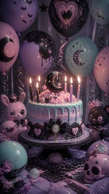 a birthday cake with lit candles surrounded by balloons and confetti, festive vertical composition, no text