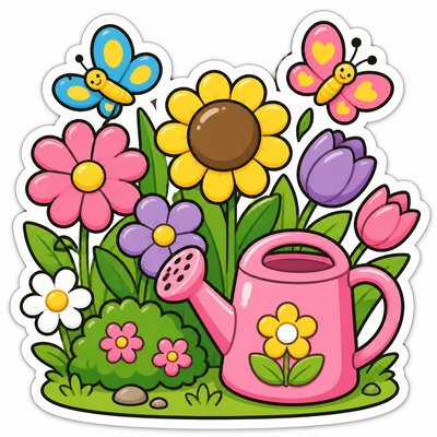 a garden scene with butterflies, flowers and a watering can, clean uncolored line art, no text