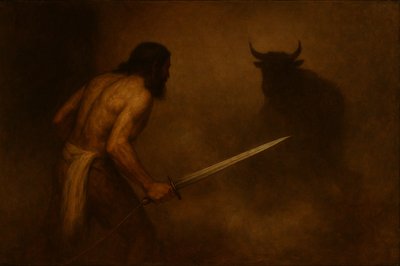 a painting of a man holding a sword in front of a demon