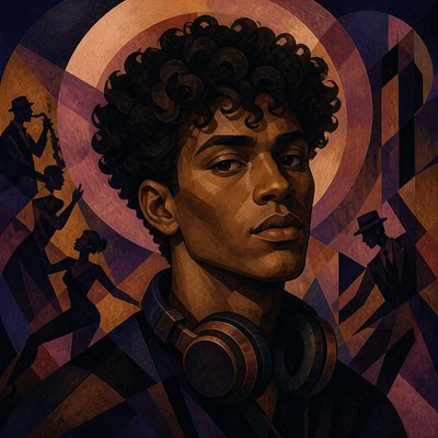 head-and-shoulders portrait of an original character: a young man with curly dark hair and headphones around his neck, plain backdrop, no text