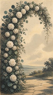 an arch of white roses and eucalyptus in soft morning light, elegant vertical composition with open space, no text
