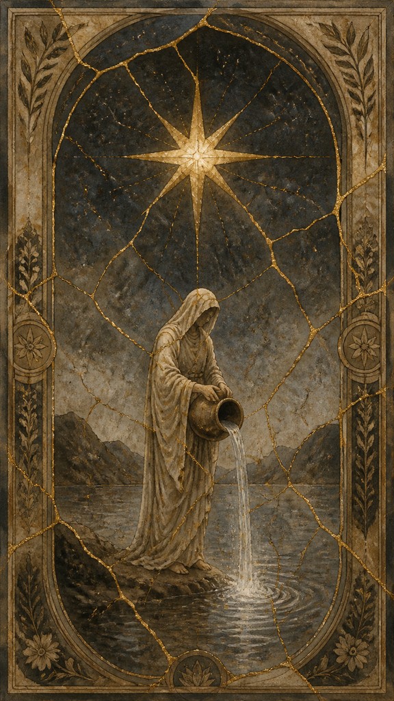a robed figure pouring water beneath a large eight-pointed star in a night sky, symmetrical composition with an ornate decorative border, no text
