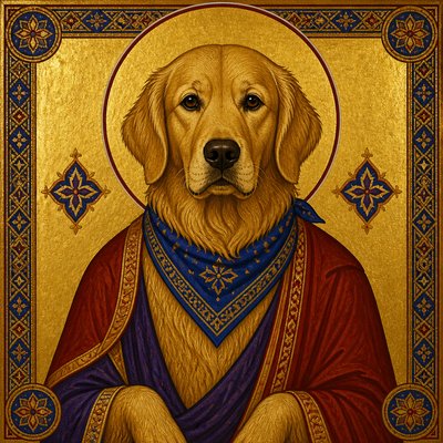 portrait of a golden retriever wearing a blue bandana, warm plain backdrop, no text