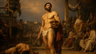 Greek ignudi athlete Milo of Croton won olympic victory in wrestling