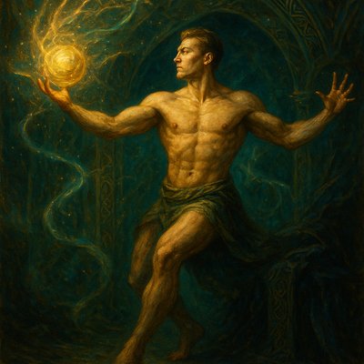 a painting of a man holding a golden ball