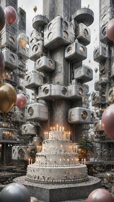 a birthday cake with lit candles surrounded by balloons and confetti, festive vertical composition, no text