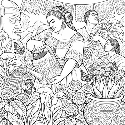 a garden scene with butterflies, flowers and a watering can, clean uncolored line art, no text