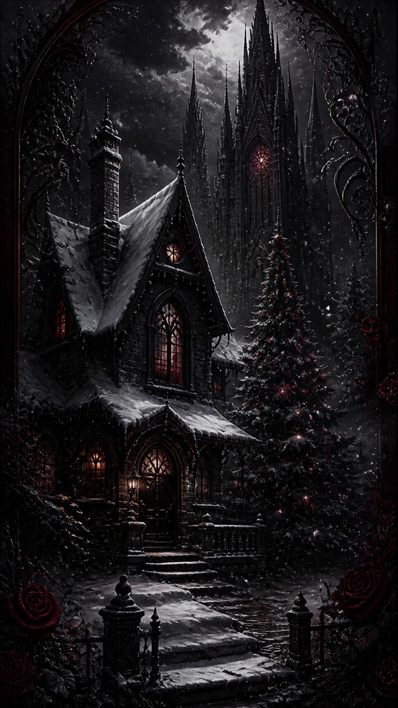 a snow-covered cottage with warm glowing windows beside a decorated pine tree, gentle snowfall, no text