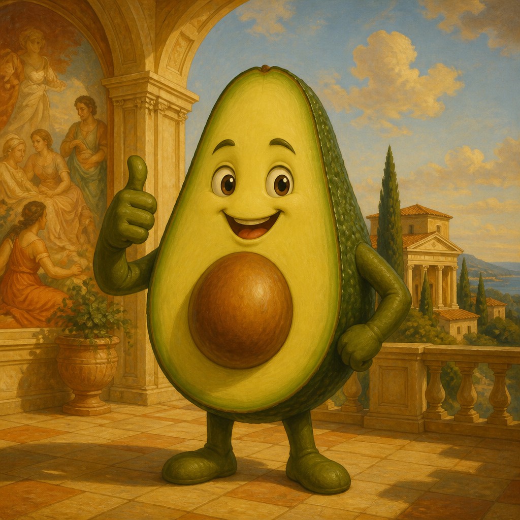 a happy avocado character giving a thumbs up, bold readable design on a plain background, no text