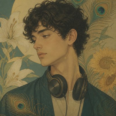 head-and-shoulders portrait of an original character: a young man with curly dark hair and headphones around his neck, plain backdrop, no text