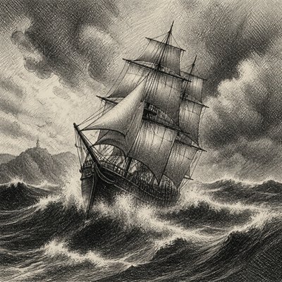 sailing ship on a stormy sea
