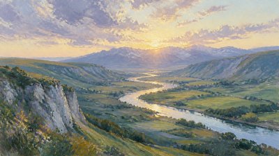 a vast valley with a river winding toward distant mountains at sunrise, no people, no text