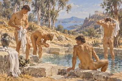 ancient greek athletes without clothes wash up by a pool after morning exercises