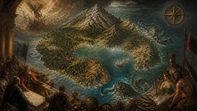 a map of an island realm with mountains, forests, a sheltered bay, sea monsters in the water and a compass rose, no text labels
