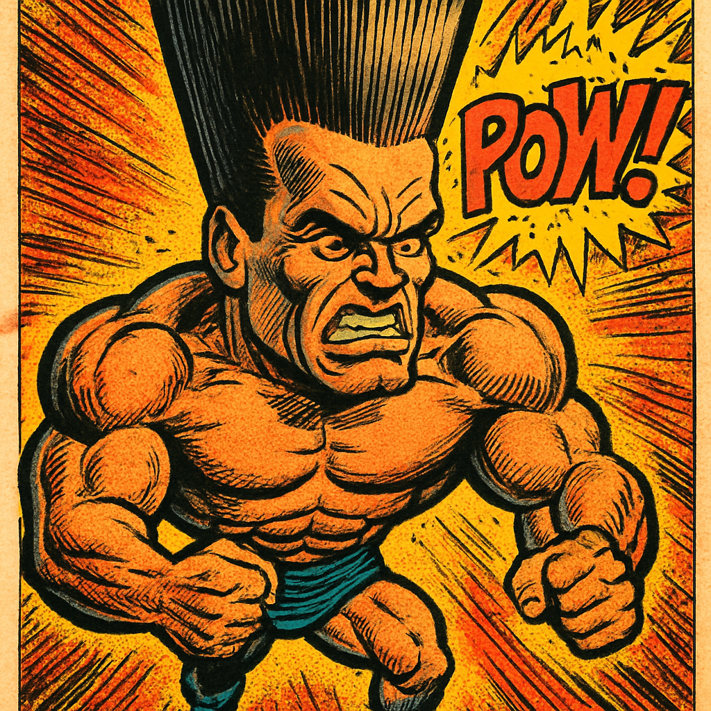 Arnold Schwarzenegger, extreme caricature, enormously tall crew cut hair, massive muscles, tiny lower body, exaggerated robotic expression, big head on tiny body, thick crisp black outlines, vibrant saturated colors, clean comic illustration style