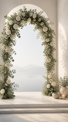 an arch of white roses and eucalyptus in soft morning light, elegant vertical composition with open space, no text
