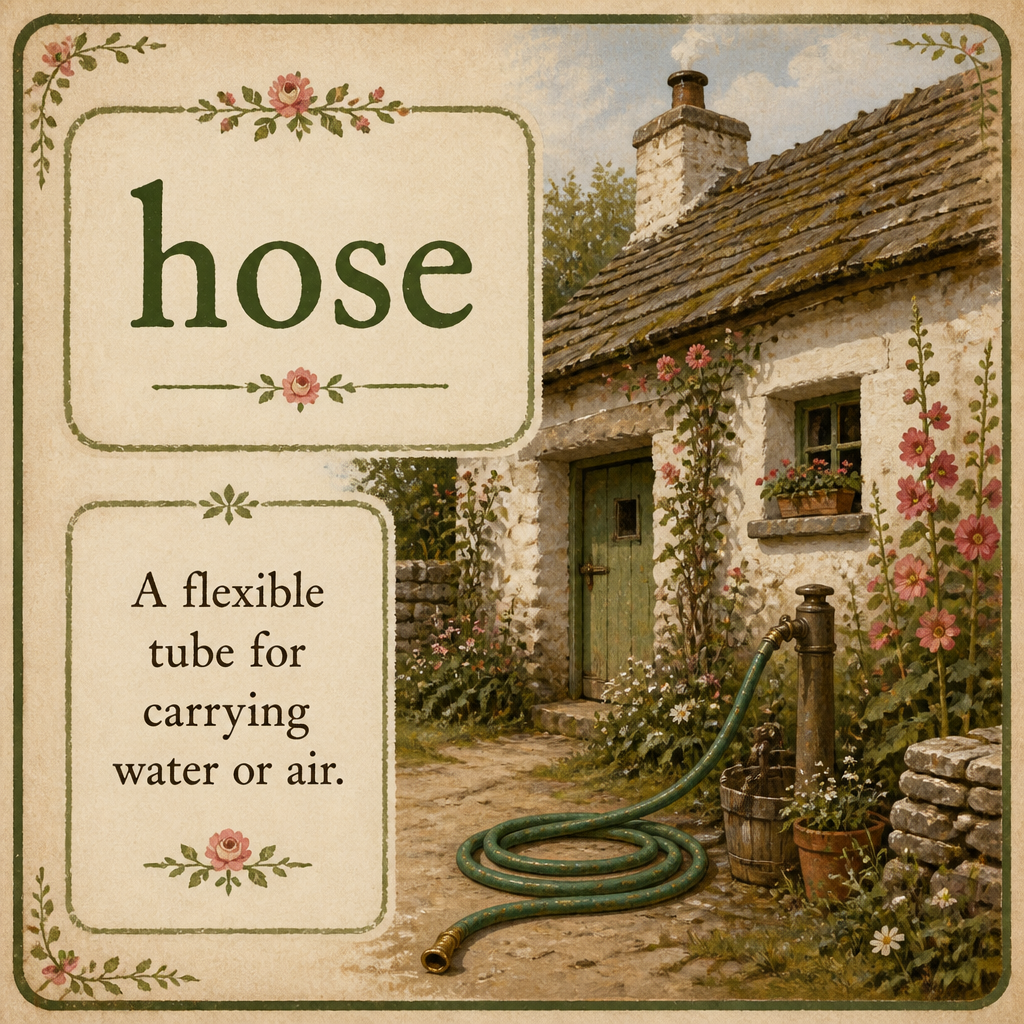 Please create a flashcard for the spelling word: "hose" and it's definition: "A flexible tube for carrying water or air."