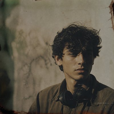 head-and-shoulders portrait of an original character: a young man with curly dark hair and headphones around his neck, plain backdrop, no text