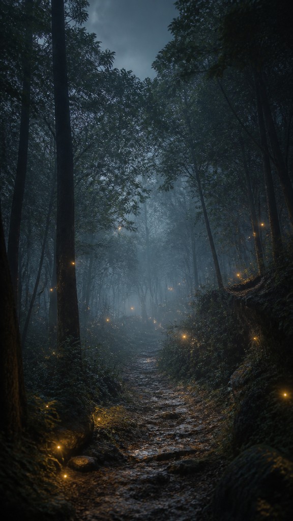 a mysterious forest path with fireflies and drifting mist, atmospheric vertical composition with open space at the top, no text