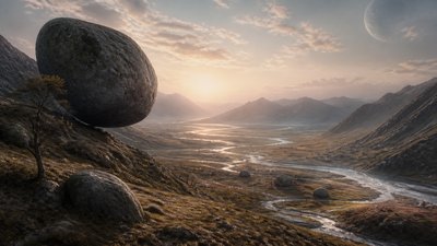 a vast valley with a river winding toward distant mountains at sunrise, no people, no text
