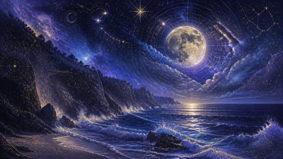 a moonlit coastline with cliffs and crashing surf, no people