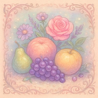still life arrangement of fruits and flowers