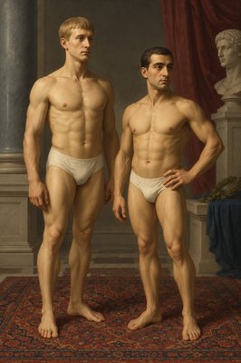 two men in underwear standing next to each other