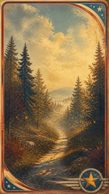 a mysterious forest path with fireflies and drifting mist, atmospheric vertical composition with open space at the top, no text