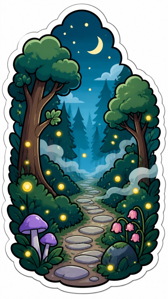 a mysterious forest path with fireflies and drifting mist, atmospheric vertical composition with open space at the top, no text