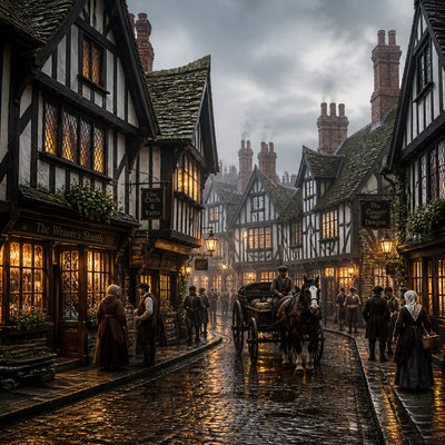 urban street with city activity — Tudor Architecture Style