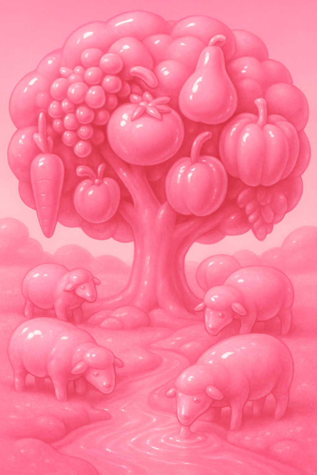 A big tree with different kinds of fruits and vegetables and many sheep drinking a stream and eating under the tree
