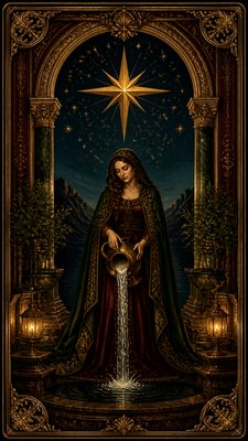 a robed figure pouring water beneath a large eight-pointed star in a night sky, symmetrical composition with an ornate decorative border, no text
