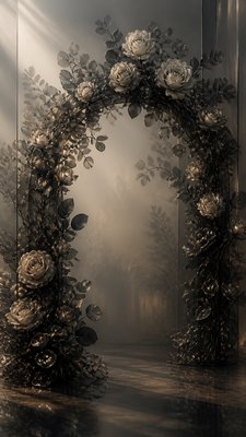 an arch of white roses and eucalyptus in soft morning light, elegant vertical composition with open space, no text