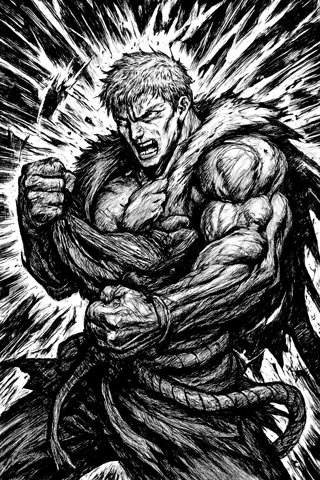 a black and white drawing of a man holding a sword