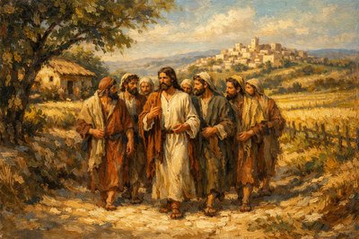 First century Palestine.  Mid-morning in a rural area.  The sun is warm and the atmosphere is positive.  Jesus and His disciples walk along a country road that goes to Bethany. There are some trees shading part of the road ahead, and cultivated fields on either side of the road.  Jesus, wears ordinary clothing like most men, and He’s talking to His disciples as the walk along.  The disciples are listening intently to Jesus, and His face is kind, but intense.  A farm house sits off to one side, and the town is visible in the distance.