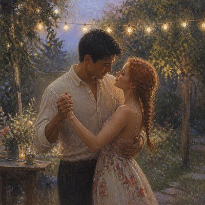an original couple dancing under string lights in a garden at dusk: a man with short black hair in a linen shirt and a woman with braided red hair in a summer dress