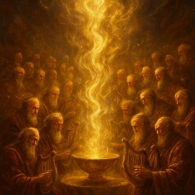 A majestic, ethereal scene depicting golden bowls brimming with luminous, swirling incense. The incense, representing the collective prayers of all saints, rises and coalesces into shimmering, golden tendrils that ascend towards an unseen heavenly throne. The bowls are held by 24 robed, elder-like figures, who are also holding harps, bowing in worship. The atmosphere is reverent and awe-inspiring, filled with soft, warm light emanating from the golden smoke. Emphasize the precious, divine, and unified nature of the prayers.
