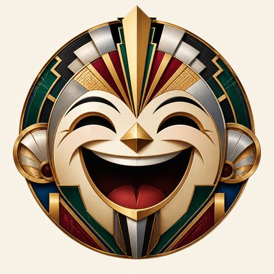 an exaggerated laughing face of an original round mascot character, bold and readable at small size, plain background, no text