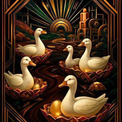 A whimsical and enchanting scene inside Willy Wonka's Chocolate Factory, featuring his extraordinary golden egg-laying geese. Several plump, pristine white geese are perched comfortably in ornate, perhaps slightly absurd, nests made of candy floss or sweet wrappers. Each goose is in the process of laying, or has just laid, a perfectly smooth, shimmering golden egg, which glows with a soft, magical luminescence. The geese themselves have a benevolent, slightly proud expression. The background reveals a fantastical, imaginative section of the factory, with edible landscapes, rivers of chocolate, and machinery built from confectionery. The lighting is soft, warm, and magical, emphasizing the golden glow of the eggs and the fantastical nature of the setting. The overall mood is one of sweet wonder, delight, and a touch of eccentricity."