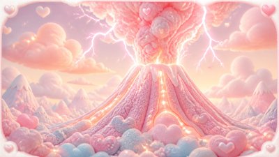an erupting volcano with lightning strikes, dramatic wide composition, no text