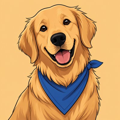 portrait of a golden retriever wearing a blue bandana, warm plain backdrop, no text
