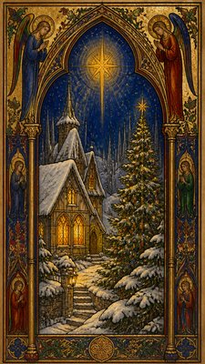 a snow-covered cottage with warm glowing windows beside a decorated pine tree, gentle snowfall, no text